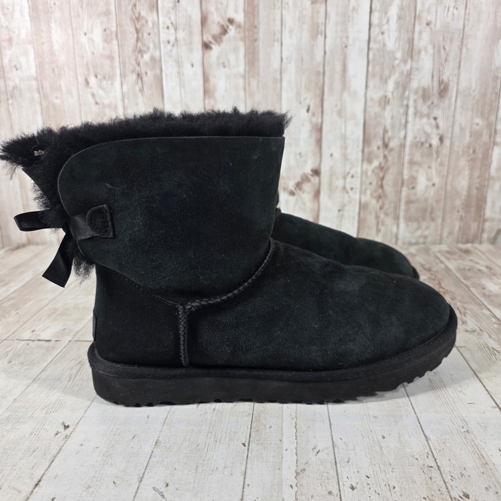 UGG Custom Bailey Bow II Black Suede Sheepskin Ankle Boots Women